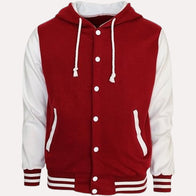 Womens Red and White Hooded Varsity Jacket Varsity Jacket women front product view | Dash Racegear — Womens Baseball Style Red and White Hooded Varsity Jacket