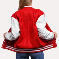 Womens Red and White Leather Sleeves Varsity Jacket Varsity Jacket women detail view 3 | Dash Racegear — Red and White Wool and Leather Sleeves Varsity Jacket