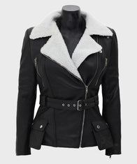 Womens Shearling Black Belted Asymmetrical Biker Leather Jacket Leather Jacket women front product view | Dash Racegear — Black Biker Shearling Jacket for Womens