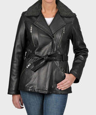 Womens Shearling Black Belted Leather Jacket Leather Jacket women front product view | Dash Racegear — Womens Shearling Leather Black Belted Jacket