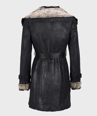 Womens Mid-Length Black Shearling Leather Coat Jacket women detail view 2 | Dash Racegear — Womens Shearling Black Belted Mid-Length Leather Coat