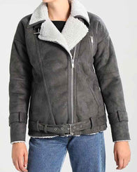 Womens Shearling Grey Suede Leather Jacket Leather Jacket women front product view | Dash Racegear — Women's Motorcycle Shearling Grey Suede Leather Jacket