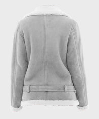 Women’s Grey Suede Shearling Jacket Jacket women detail view 2 | Dash Racegear — Women's White Shearling Grey Suede Jacket
