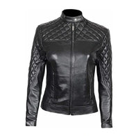 Women’s Black Quilted Leather Jacket Leather Jacket women front product view | Dash Racegear — Women's Black Quailed Leather Jacket