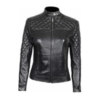 Women’s Black Quilted Leather Jacket Leather Jacket women front product view | Dash Racegear — Women's Black Quailed Leather Jacket