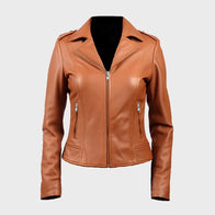 Women’s Tan Biker Leather Jacket Leather Jacket women front product view | Dash Racegear — Women's Tan Brown Sheepskin Biker Leather Jacket