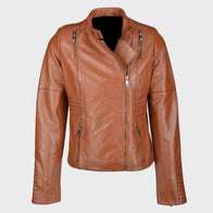 Womens Tan Brown Biker Leather Jacket Leather Jacket unisex front product view | Dash Racegear — Womens Tan Brown Biker Leather Jacket