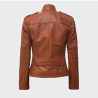 Women’s Tan Leather Cafe Racer Jacket Leather Jacket women detail view 2 | Dash Racegear — Tan Brown Women's Cafe Racer Leather Jacket