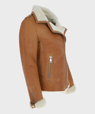 Womens Tan Brown Shearling Leather Jacket Leather Jacket women detail view 2 | Dash Racegear — Womens Tan Brown Leather Jacket