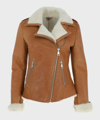 Womens Tan Brown Shearling Leather Jacket Leather Jacket women front product view | Dash Racegear — Womens-Tan-Brown-Shearling-Leather-Jacket