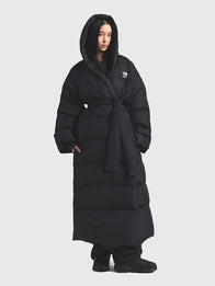 The North Face x Skims Nuptse Wrap Parka Coat Coat unisex detail view 4 | Dash Racegear — Women's The North Face x Skims Nuptse Wrap Parka Black Coat, oversized insulated wrap, luxe collaboration piece, warm and trendy winter wardrobe staple.