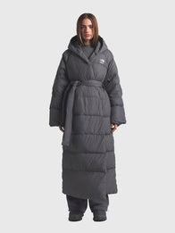The North Face x Skims Nuptse Wrap Parka Coat Coat unisex detail view 2 | Dash Racegear — Women's The North Face x Skims Nuptse Wrap Parka Grey Coat, oversized insulated wrap, premium design, perfect for cozy and fashionable winter outfits.