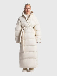 The North Face x Skims Nuptse Wrap Parka Coat Coat unisex front product view | Dash Racegear — The North Face x Skims Nuptse Wrap Parka Off-White Coat, oversized puffer design, premium insulation, stylish winter outerwear for women, limited edition.