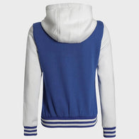 Womens Blue and White Varsity Jacket With Hood Varsity Jacket women detail view 5 | Dash Racegear — Womens Blue and White Letterman Varsity Jacket