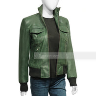 Womens Green Bomber Leather Jacket Bomber Jacket women detail view 3 | Dash Racegear — Green bomber leather jacket womens