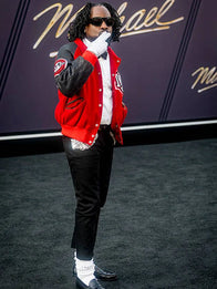 Michael 2026 Premiere Wale Jacket Jacket unisex detail view 3 | Dash Racegear — 2026 Michael biopic premiere MM varsity jacket, red and black Wale-inspired celebrity street fashion piece.