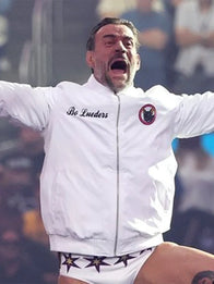 WrestleMania 42 CM Punk Jacket Jacket unisex detail view 2 | Dash Racegear — 2026 WrestleMania CM Punk white full-zip bomber jacket, sleek MA-1 style with tribute patch detailing.