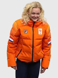 Xandra Velzeboer Winter Olympics 2026 Team Netherlands Jacket Jacket unisex detail view 5 | Dash Racegear — Team Netherlands orange puffer jacket for Milano Cortina 2026 Opening Ceremony, cozy and stylish for fans or athletes.