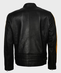 Mens Cafe Racer Yellow Star Black Leather Jacket Biker Jacket men detail view 3 | Dash Racegear — Mens Yellow Stripes Black Leather Star Jacket