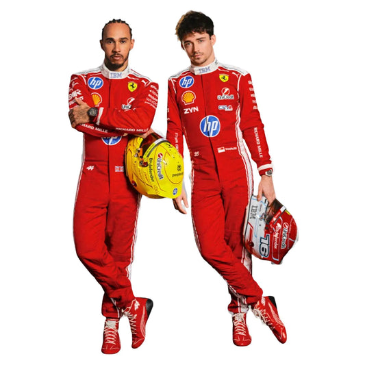Charles Leclerc 2026 Ferrari F1 Inspired Race Suit in Ferrari Red, Front view showing printed sponsor logos, by DASH RACEGEAR