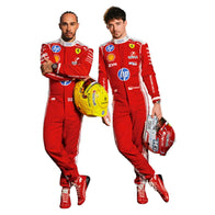 Charles Leclerc 2026 Ferrari F1 Inspired Race Suit in Ferrari Red, Front view showing printed sponsor logos, by DASH RACEGEAR