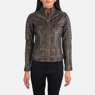 Adalyn Quilted Distressed Brown Leather Biker Jacket by Dash Racegear - women Jacket view 4