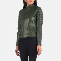 Adalyn Quilted Green Leather Biker Jacket by Dash Racegear - women Jacket view 4