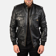 Agent Shadow Black Leather Bomber Jacket by Dash Racegear - men Jacket view 1