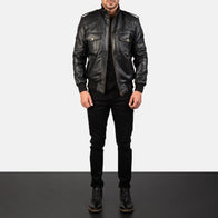 Agent Shadow Black Leather Bomber Jacket by Dash Racegear - men Jacket view 3