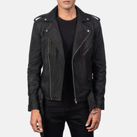 Allaric Alley Distressed Black Leather Biker Jacket by Dash Racegear - men Jacket view 1