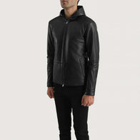 Andy Matte Black Hooded Leather Jacket by Dash Racegear - men Jacket view 2