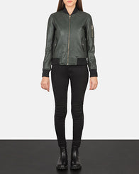 Ava Ma-1 Green Leather Bomber Jacket by Dash Racegear - women Jacket view 3
