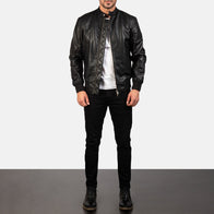 Avan Black Leather Bomber Jacket by Dash Racegear - men Jacket view 3