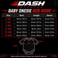 Aston Martin Longsleeve Jumpsuit 2025 baby onesie size guide by Dash Racegear, sizes 0-3M to 18-24M