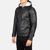 Baston Black Hooded Leather Bomber Jacket by Dash Racegear - men Jacket view 2