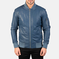 Bomia Ma-1 Blue Leather Bomber Jacket by Dash Racegear - men Jacket view 4