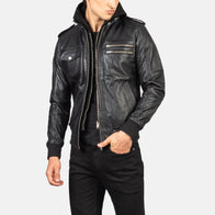 Bravado Black Hooded Leather Bomber Jacket by Dash Racegear - men Jacket view 6