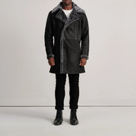 Charles Distressed Black Leather Shearling Double-Breasted Coat by Dash Racegear - men Jacket view 3