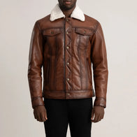 Dallis Brown Leather Shearling Trucker Jacket by Dash Racegear - men Jacket view 4
