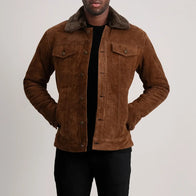 Dallis Brown Suede Shearling Trucker Jacket by Dash Racegear - men Jacket view 1