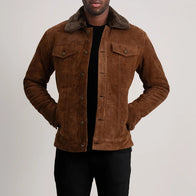 Dallis Brown Suede Shearling Trucker Jacket by Dash Racegear - men Jacket view 1