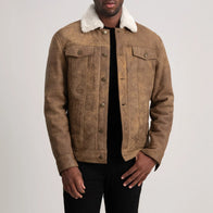 Dallis Distressed Brown Leather Shearling Trucker Jacket by Dash Racegear - men Jacket view 1