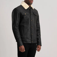 Dallis Distressed Black Leather Shearling Trucker Jacket by Dash Racegear - men Jacket view 2