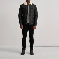 Dallis Distressed Black Leather Shearling Trucker Jacket by Dash Racegear - men Jacket view 3