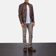 Dean Brown Leather Biker Jacket by Dash Racegear - men Jacket view 3