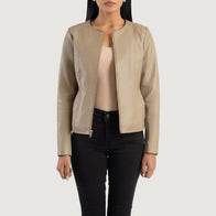 Elixir Beige Collarless Leather Jacket by Dash Racegear - women Jacket view 1