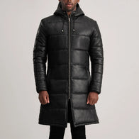 Floyd Black Hooded Leather Puffer Coat by Dash Racegear - men Jacket view 4