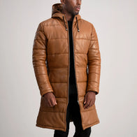 Floyd Tan Hooded Leather Puffer Coat by Dash Racegear - men Jacket view 1