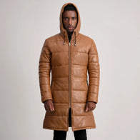 Floyd Tan Hooded Leather Puffer Coat by Dash Racegear - men Jacket view 4