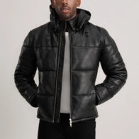 Gordon Black Hooded Leather Puffer Jacket by Dash Racegear - men Jacket view 1